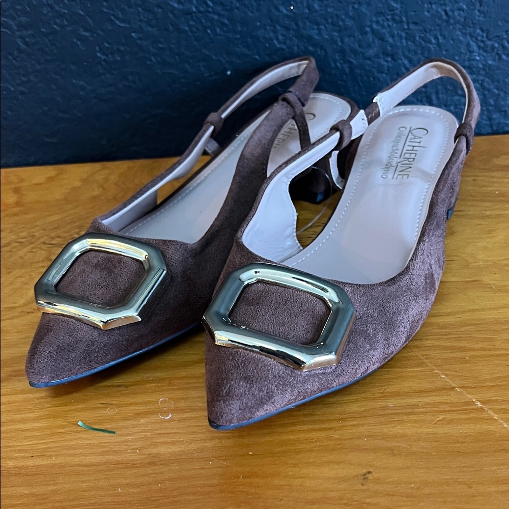 Catherine Malandrino Brown Suede Heels with Gold Buckle